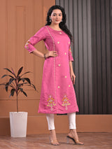 Pink cotton silk aabla embroidered threadwork kurti