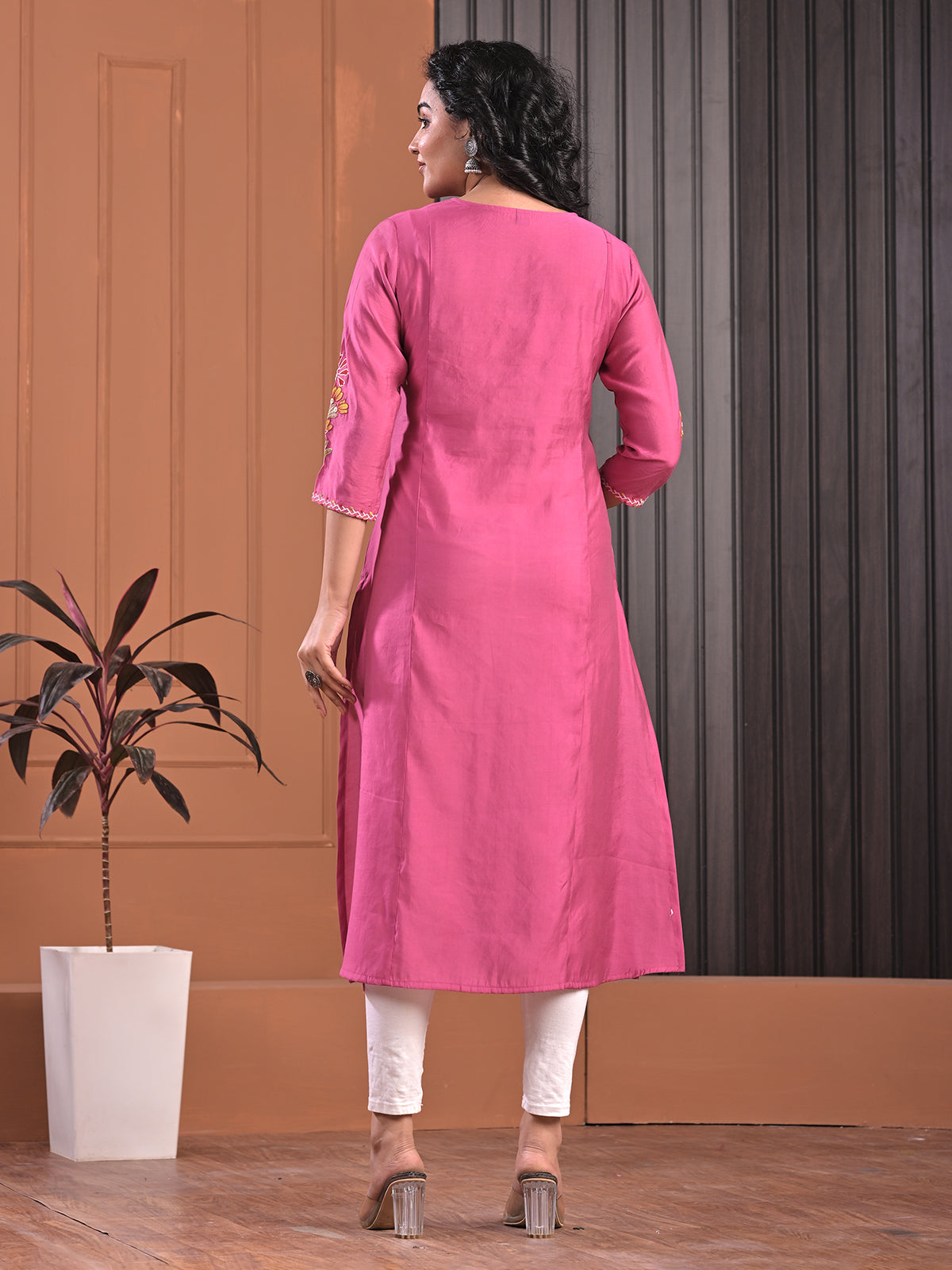 Pink cotton silk aabla embroidered threadwork kurti
