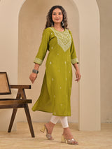 Mehndi green cotton silk sequins embroidered kurti