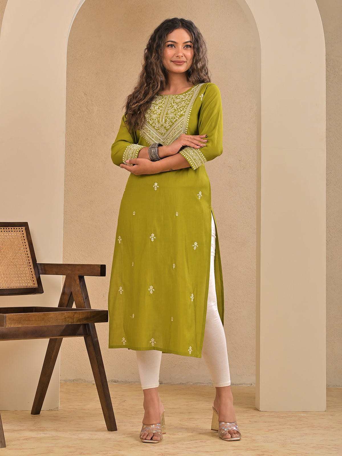 Mehndi green cotton silk sequins embroidered kurti