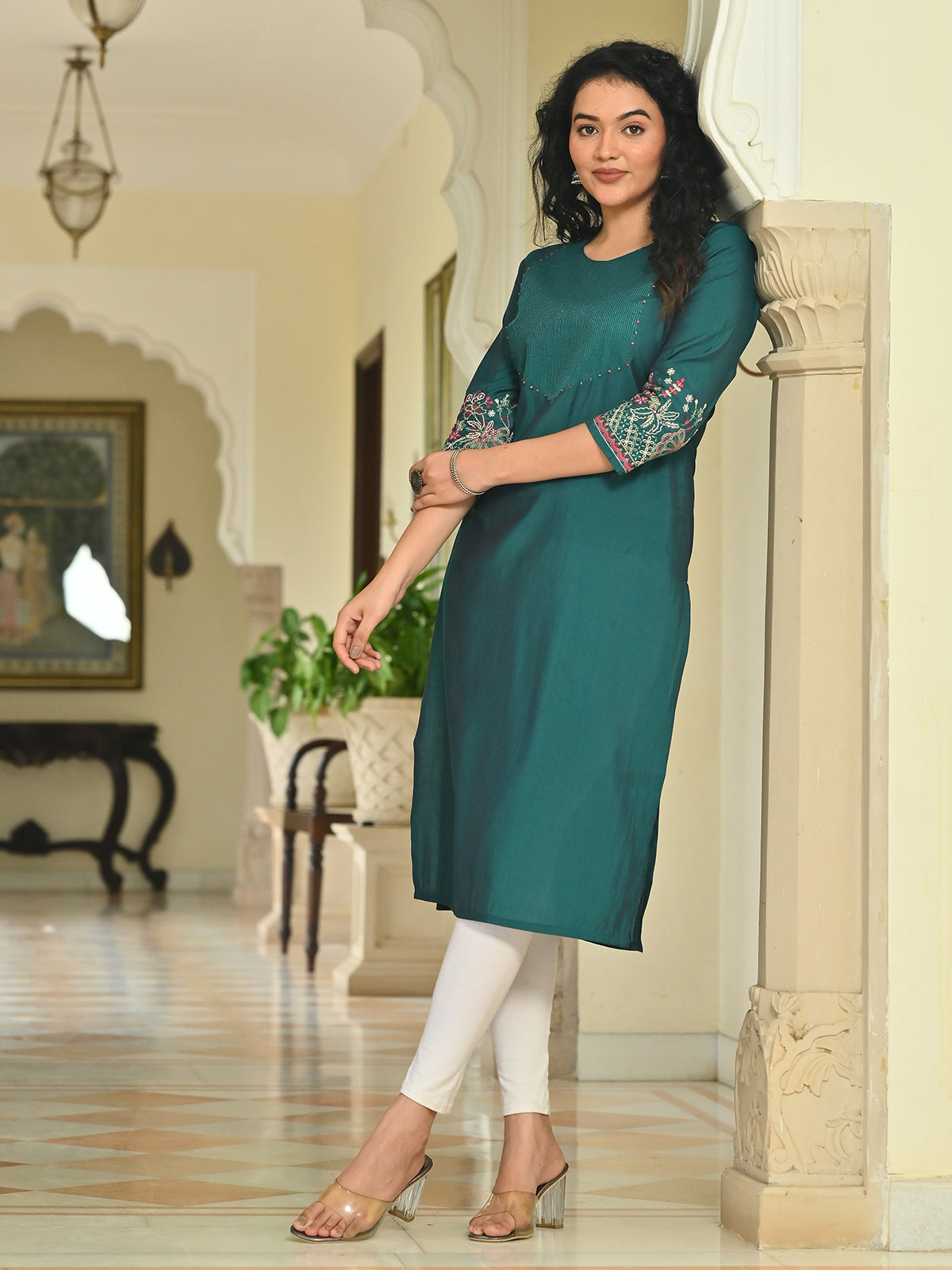 Bottle green cotton silk embroidered sequins and beads kurti