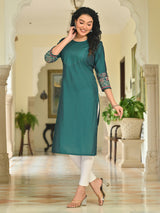 Bottle green cotton silk embroidered sequins and beads kurti