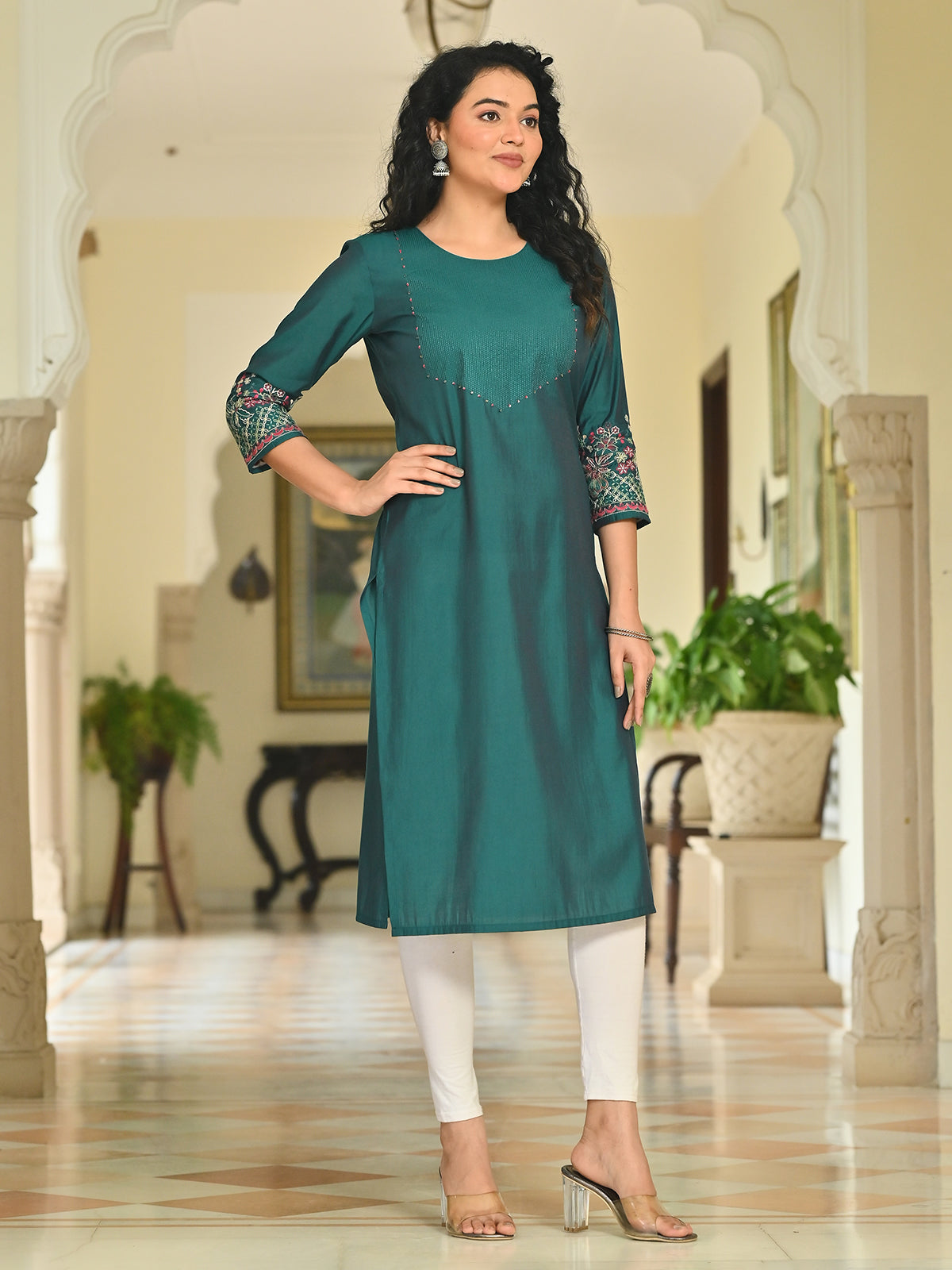 Bottle green cotton silk embroidered sequins and beads kurti