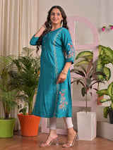 Blue silk embroidered casual kurti