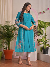 Blue silk embroidered casual kurti
