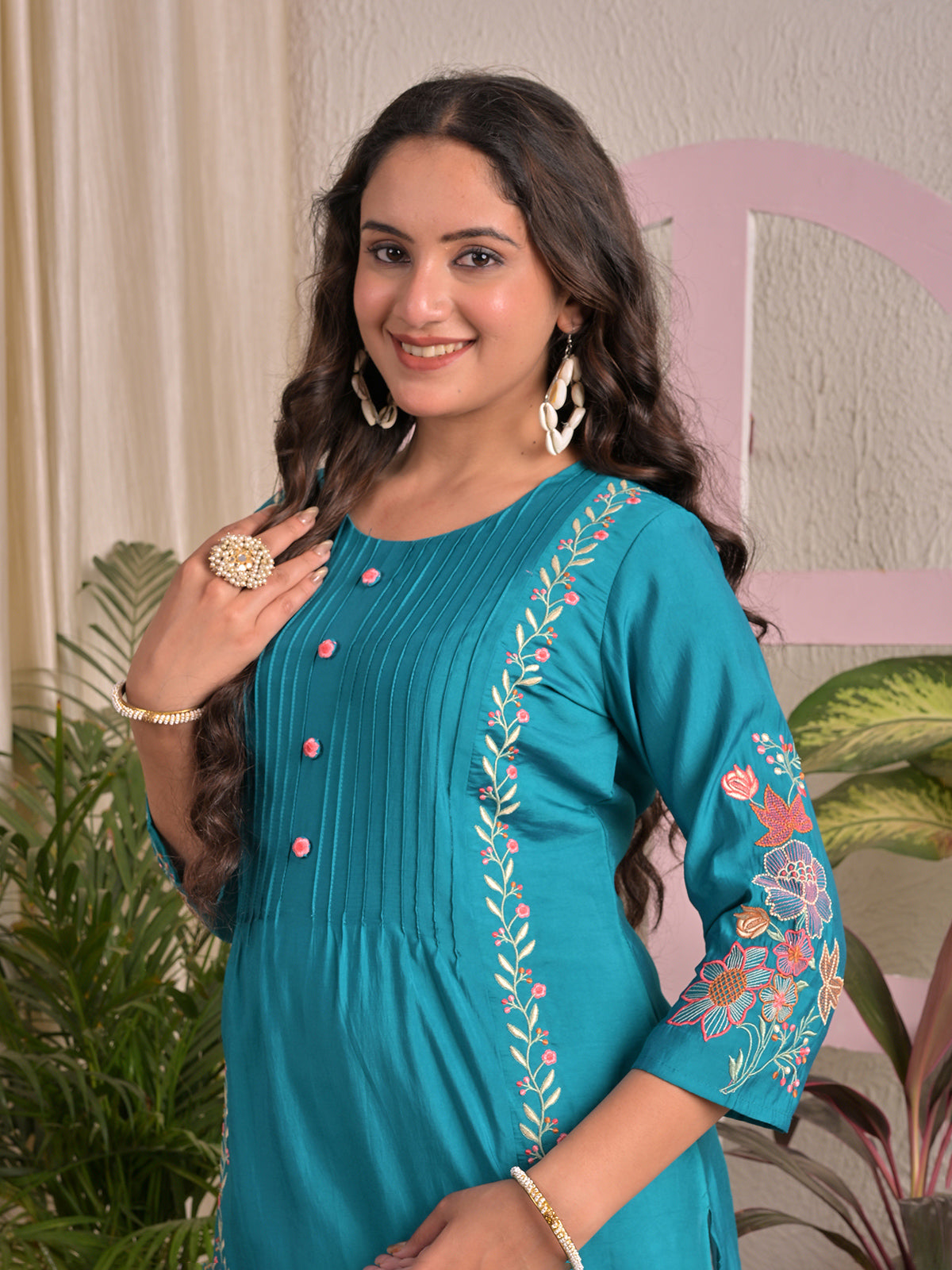Blue silk embroidered casual kurti