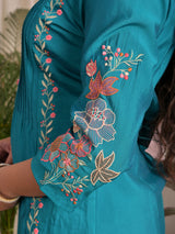 Blue silk embroidered casual kurti