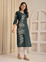 Green viscose rayon embroidered beads and sequins kurti
