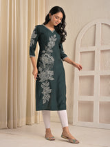 Green viscose rayon embroidered beads and sequins kurti