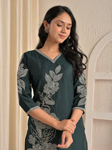 Green viscose rayon embroidered beads and sequins kurti