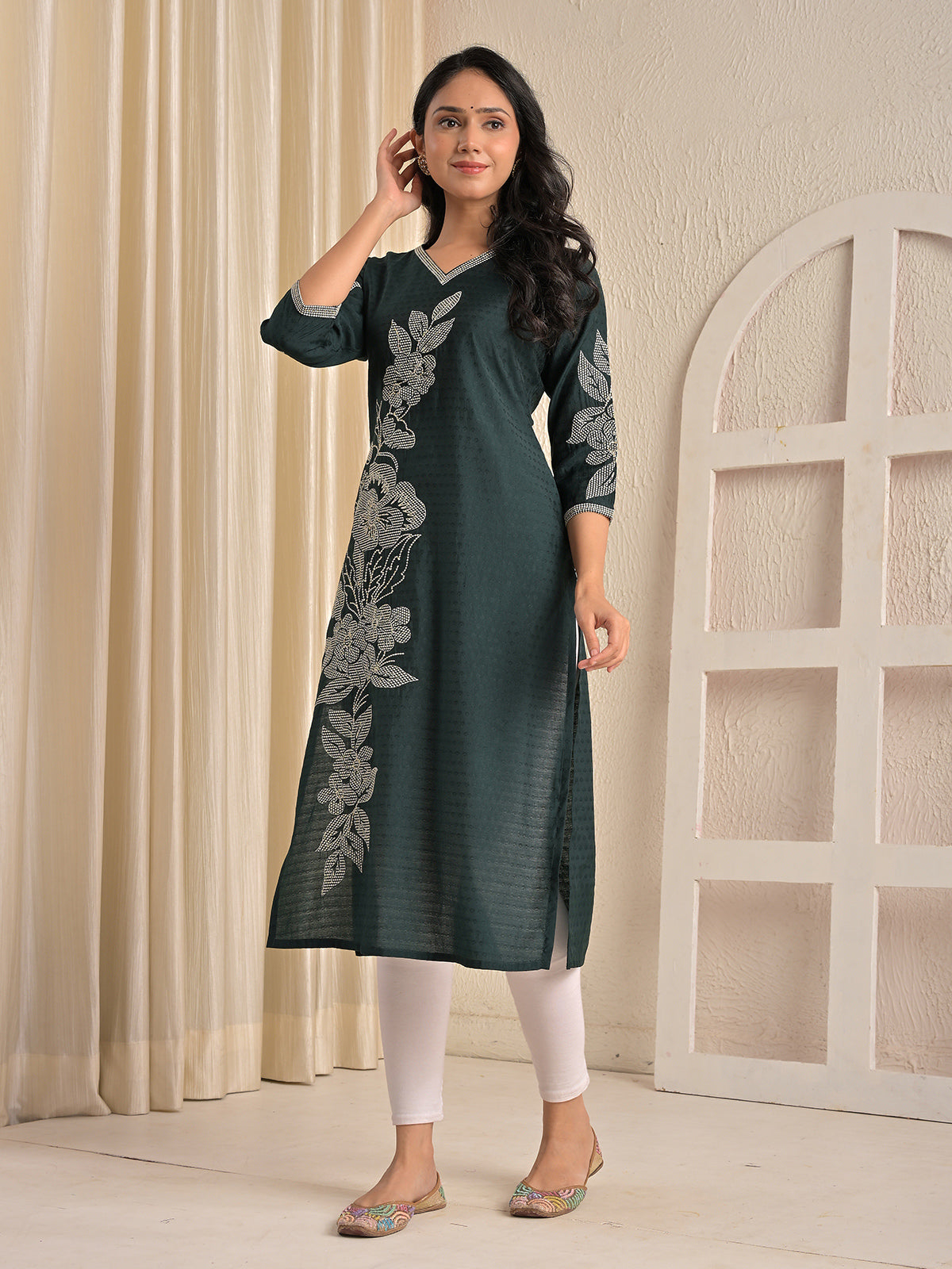 Green viscose rayon embroidered beads and sequins kurti