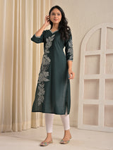 Green viscose rayon embroidered beads and sequins kurti