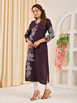 Dark purple viscose rayon embroidered sequins kurti