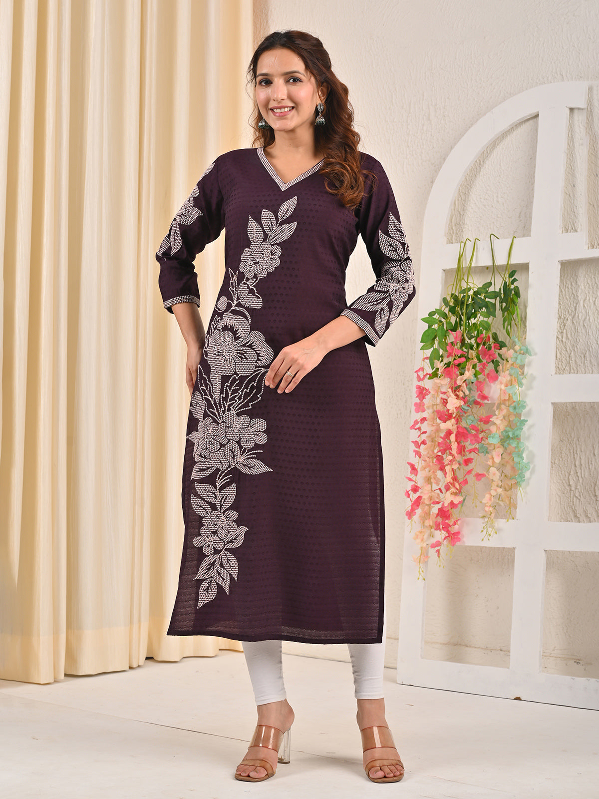 Dark purple viscose rayon embroidered sequins kurti