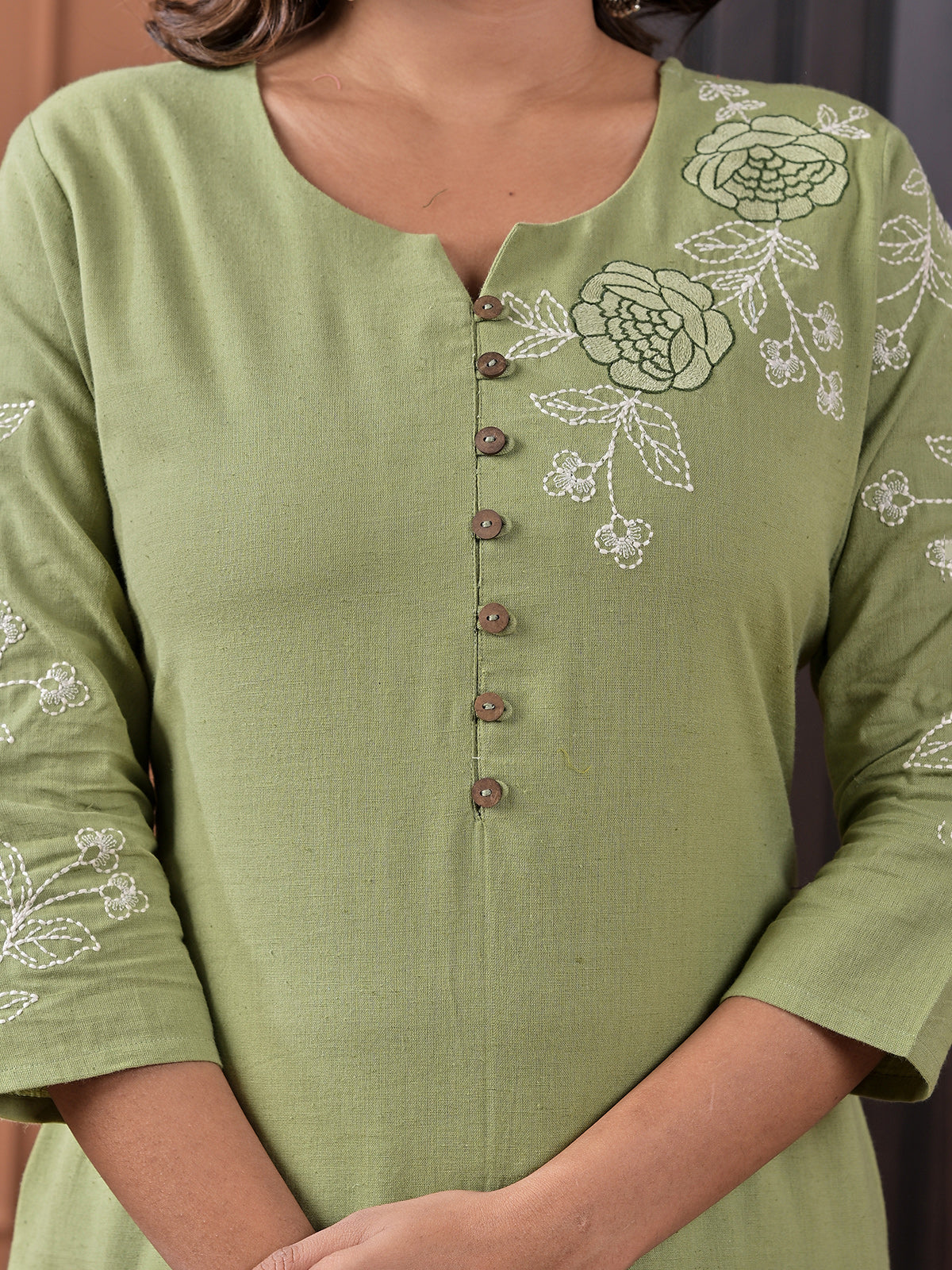 Pista green cotton embroidered kurti pant set