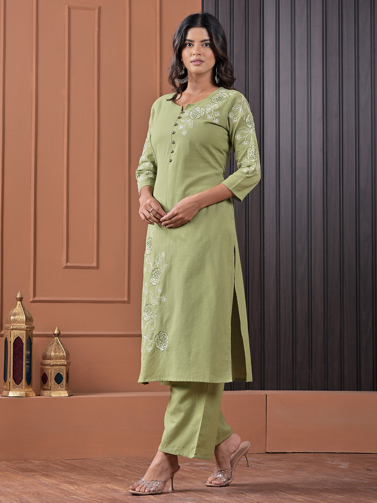 Pista green cotton embroidered kurti pant set