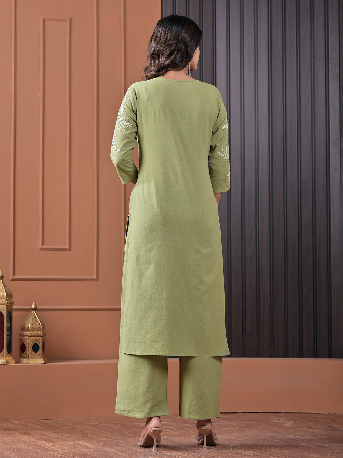Pista green cotton embroidered kurti pant set