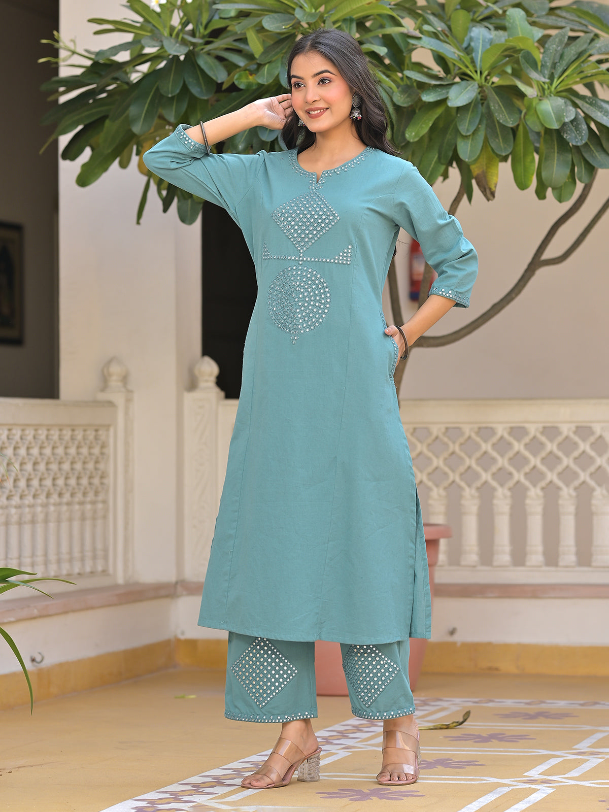 Blue cotton aabla embroidered kurti palazzo set