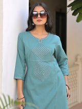 Blue cotton aabla embroidered kurti palazzo set