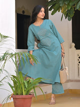 Blue cotton aabla embroidered kurti palazzo set