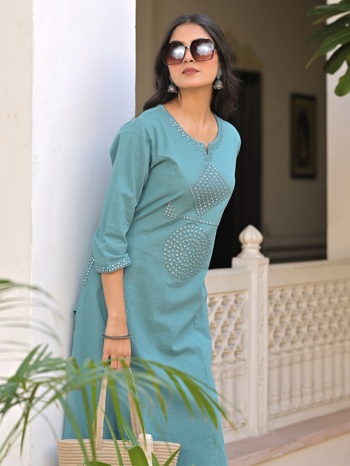 Blue cotton aabla embroidered kurti palazzo set