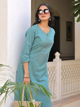 Blue cotton aabla embroidered kurti palazzo set