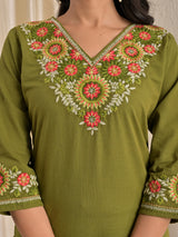 Mehndi green cotton silk embroidered kurti palazzo set