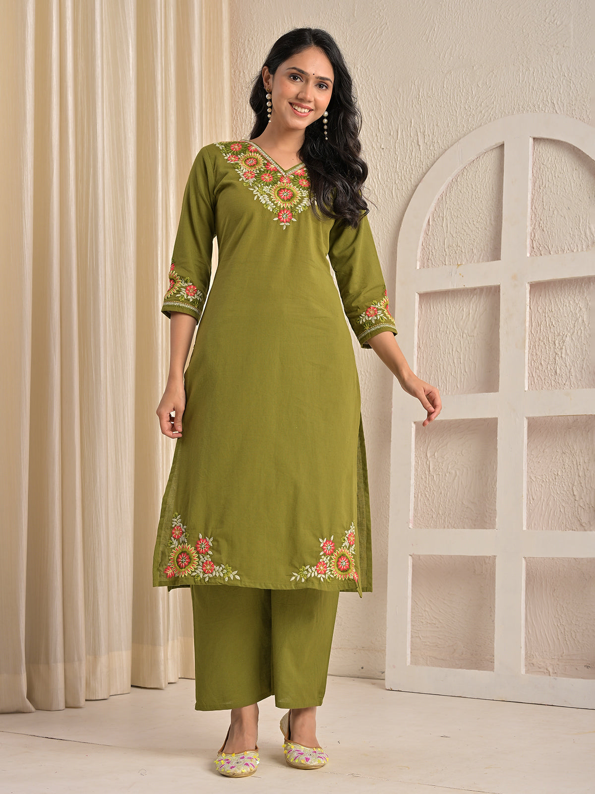 Mehndi green cotton silk embroidered kurti palazzo set
