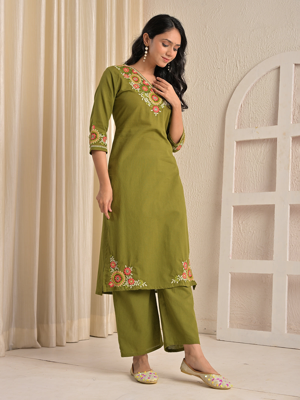 Mehndi green cotton silk embroidered kurti palazzo set