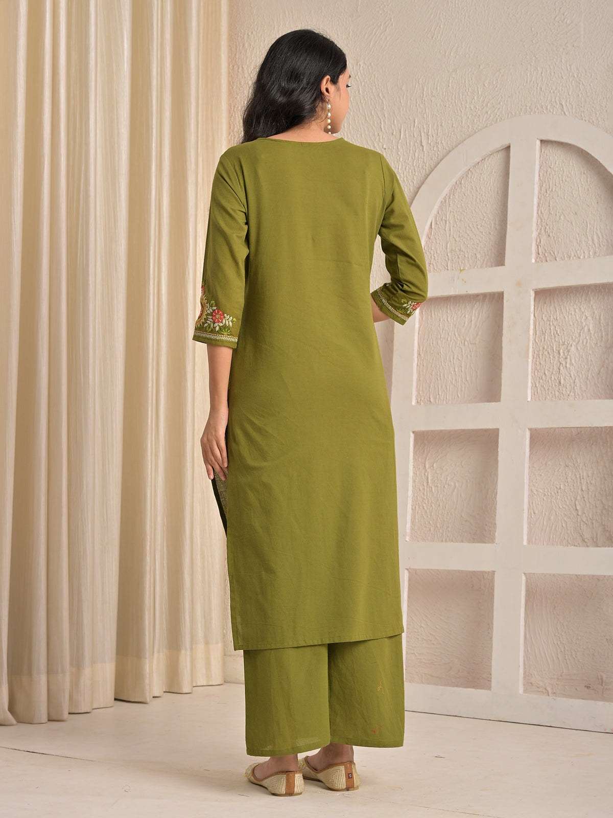 Mehndi green cotton silk embroidered kurti palazzo set