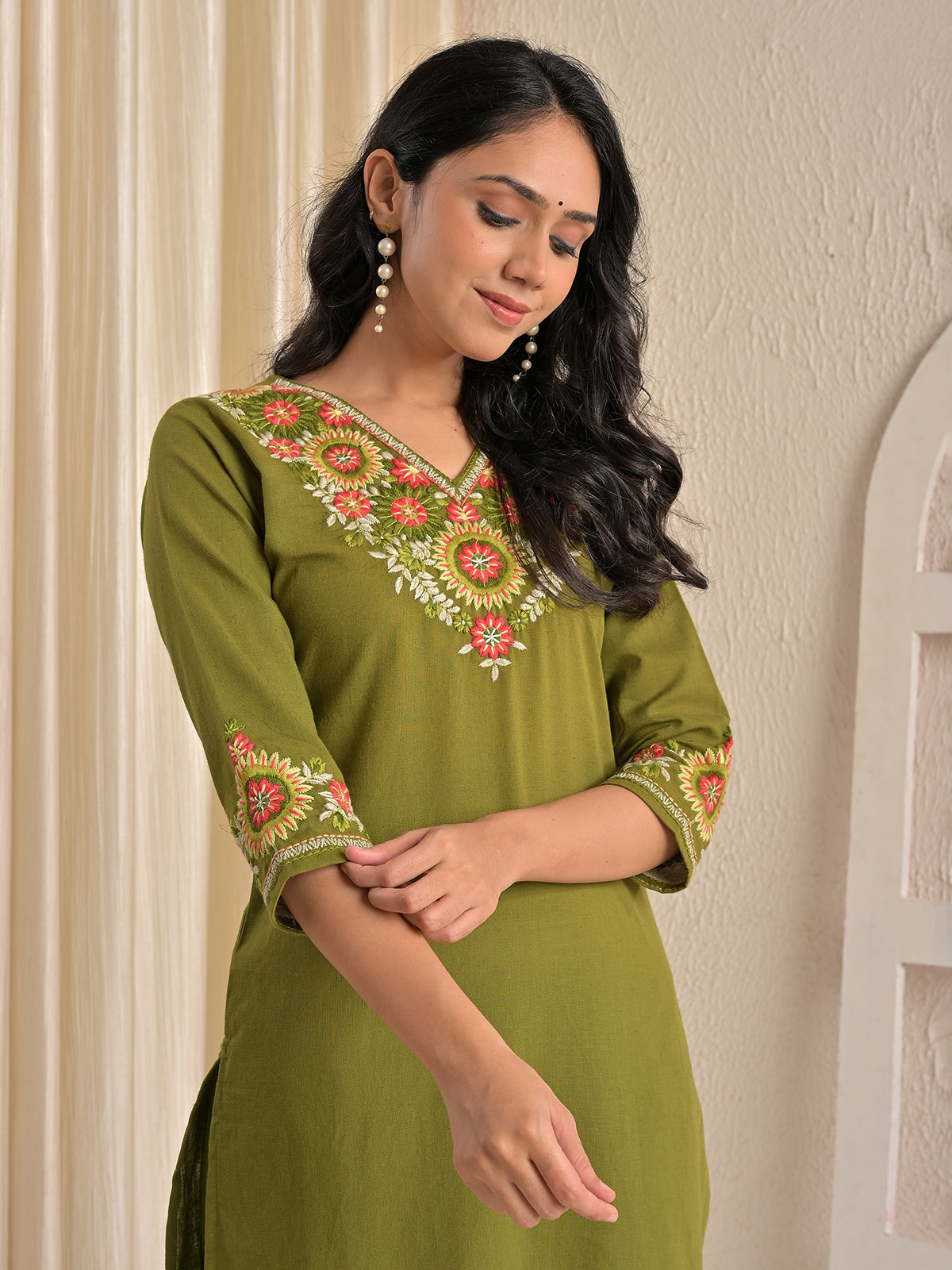 Mehndi green cotton silk embroidered kurti palazzo set