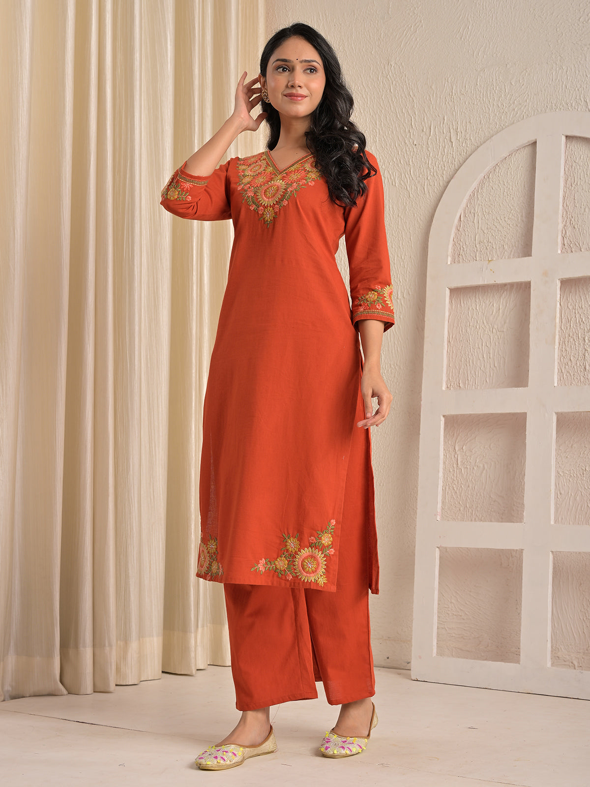 Rust cotton silk embroidered kurti palazzo set