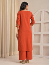 Rust cotton silk embroidered kurti palazzo set