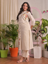 Beige cotton silk embroidered festive kurti set