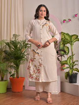 Beige cotton silk embroidered festive kurti set