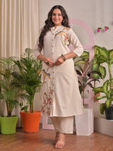 Beige cotton silk embroidered festive kurti set