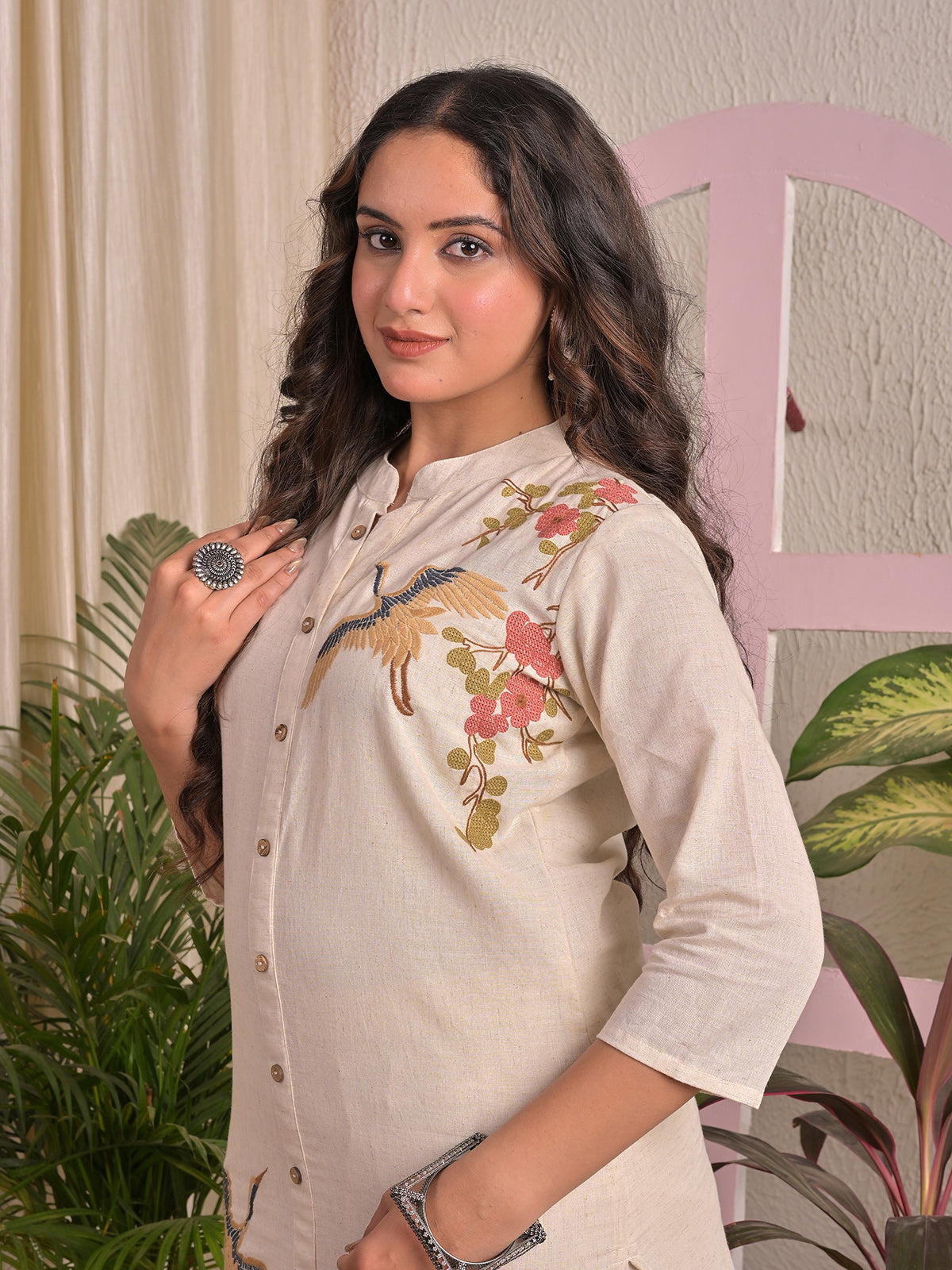 Beige cotton silk embroidered festive kurti set