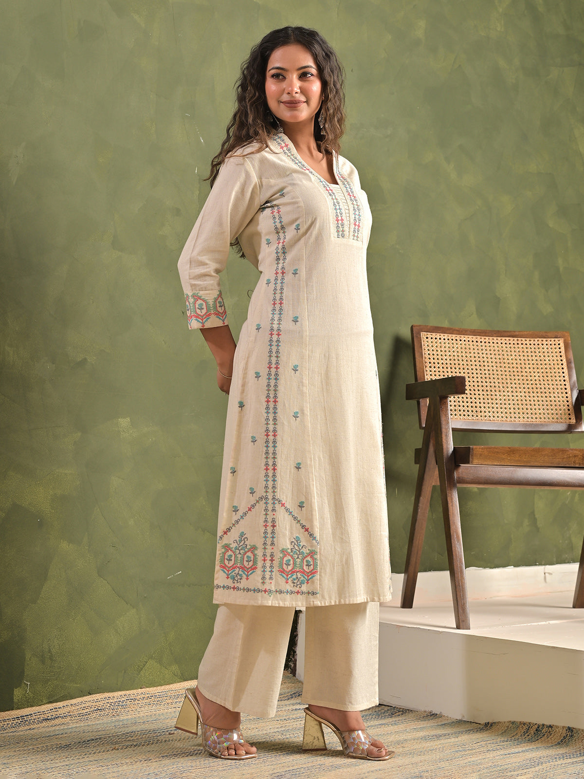Cream cotton digital embroidered kurti pant set