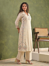 Cream cotton digital embroidered kurti pant set