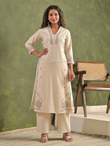 Cream cotton digital embroidered kurti pant set
