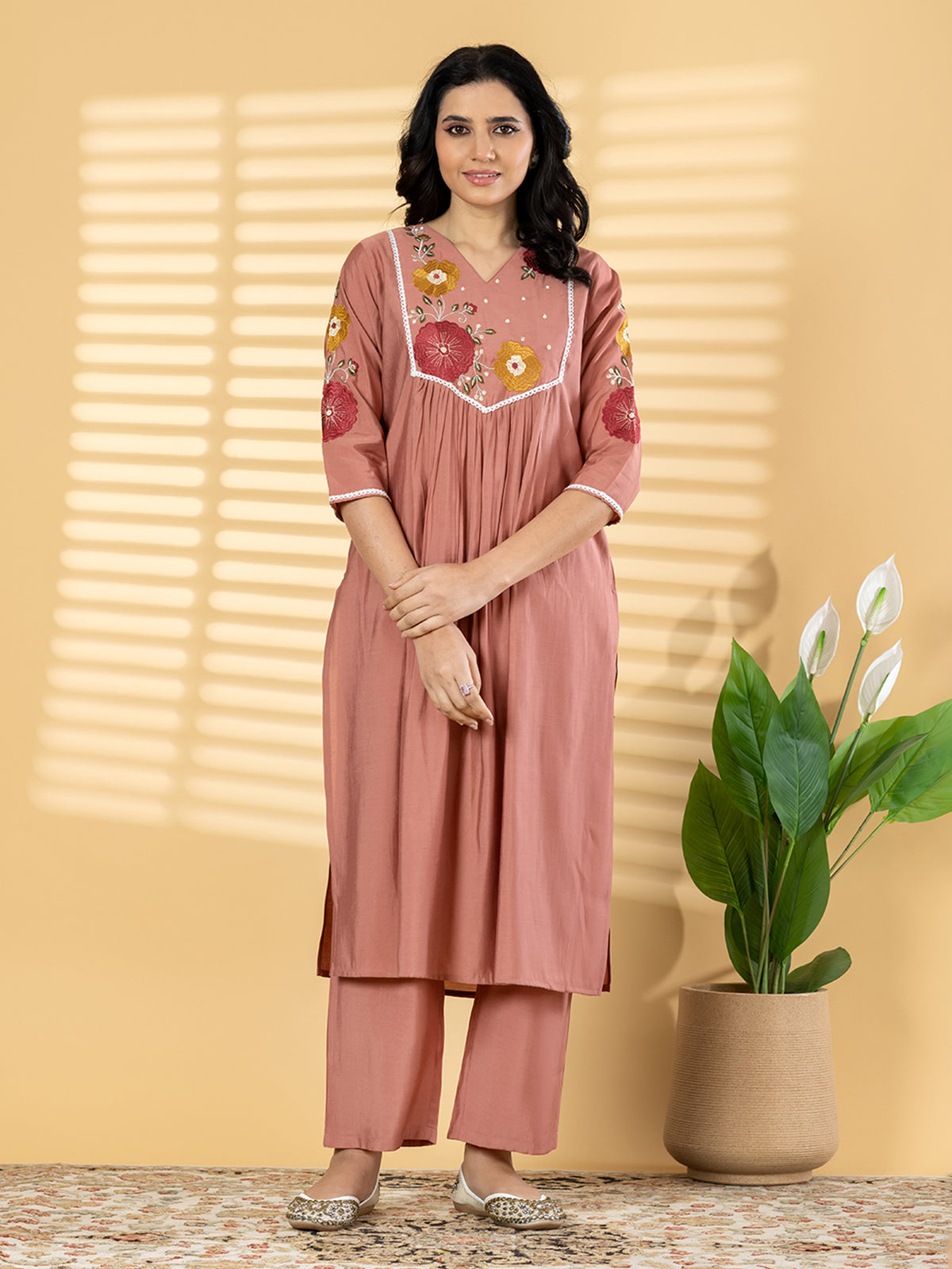 Peach cotton silk embroidered festive kurti pant set