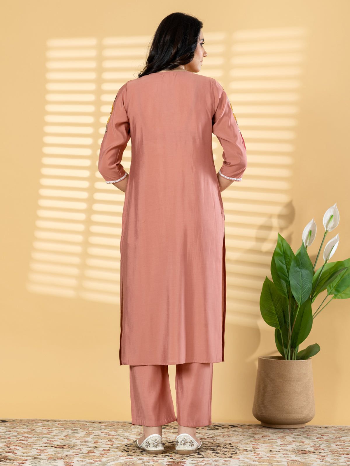 Peach cotton silk embroidered festive kurti pant set