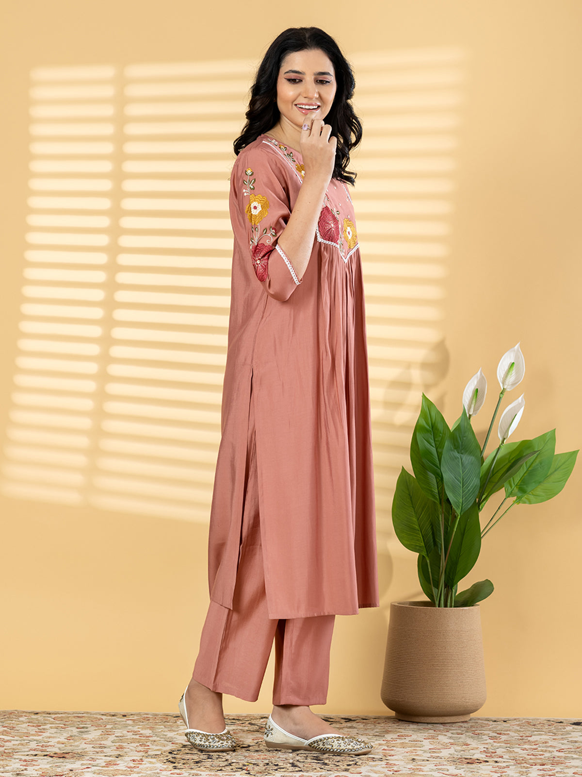 Peach cotton silk embroidered festive kurti pant set