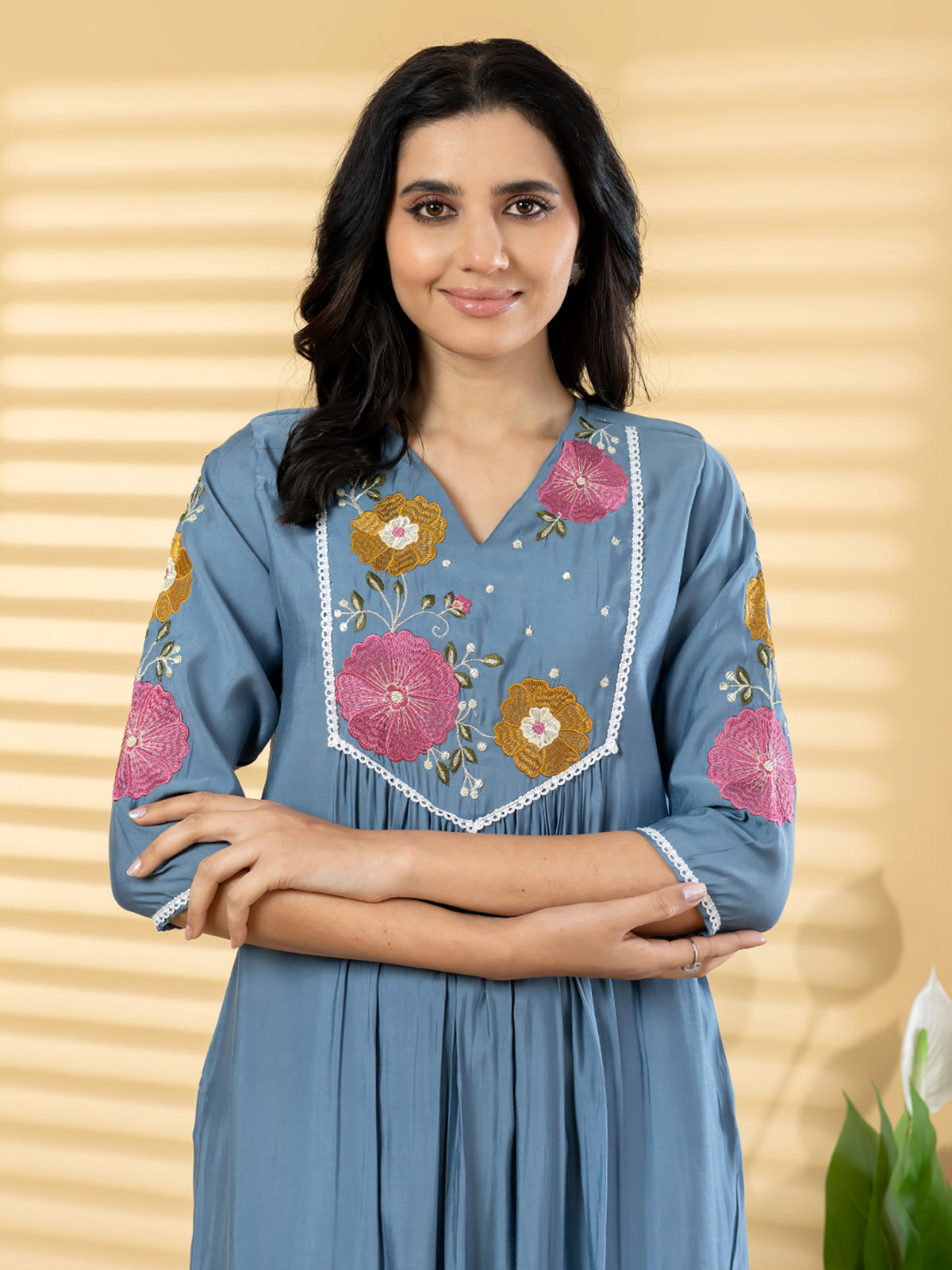 Stone blue cotton silk embroidered kurti pant set