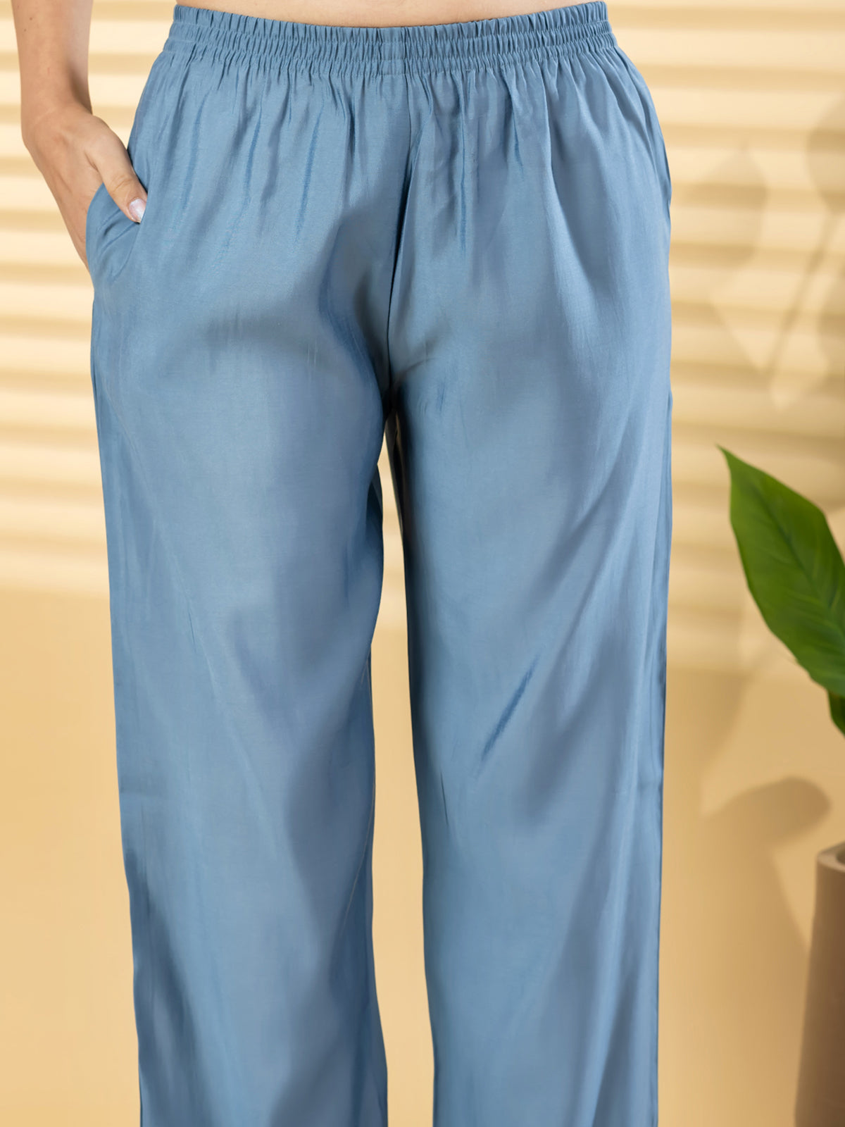 Stone blue cotton silk embroidered kurti pant set