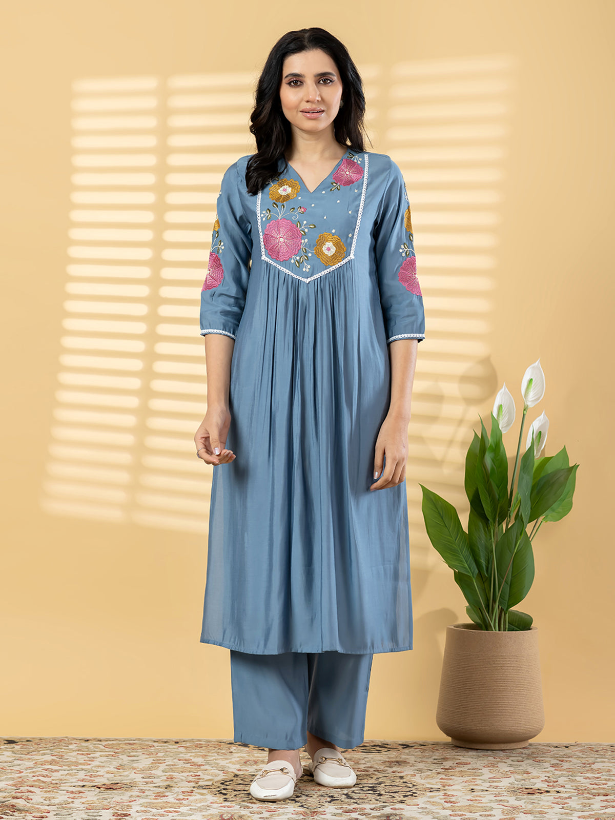 Stone blue cotton silk embroidered kurti pant set