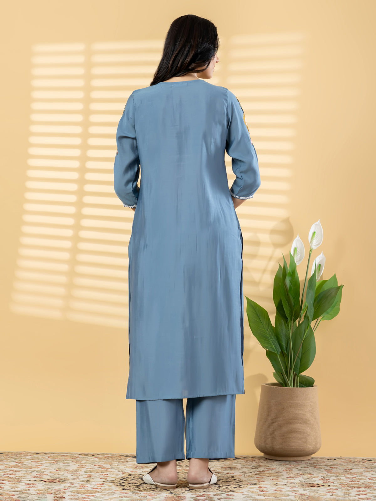 Stone blue cotton silk embroidered kurti pant set