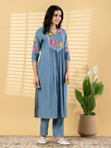 Stone blue cotton silk embroidered kurti pant set