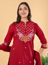 Red cotton silk embellished festive kurti set with dupatta