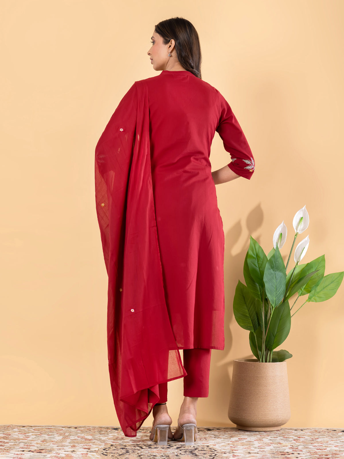Red cotton silk embellished festive kurti set with dupatta